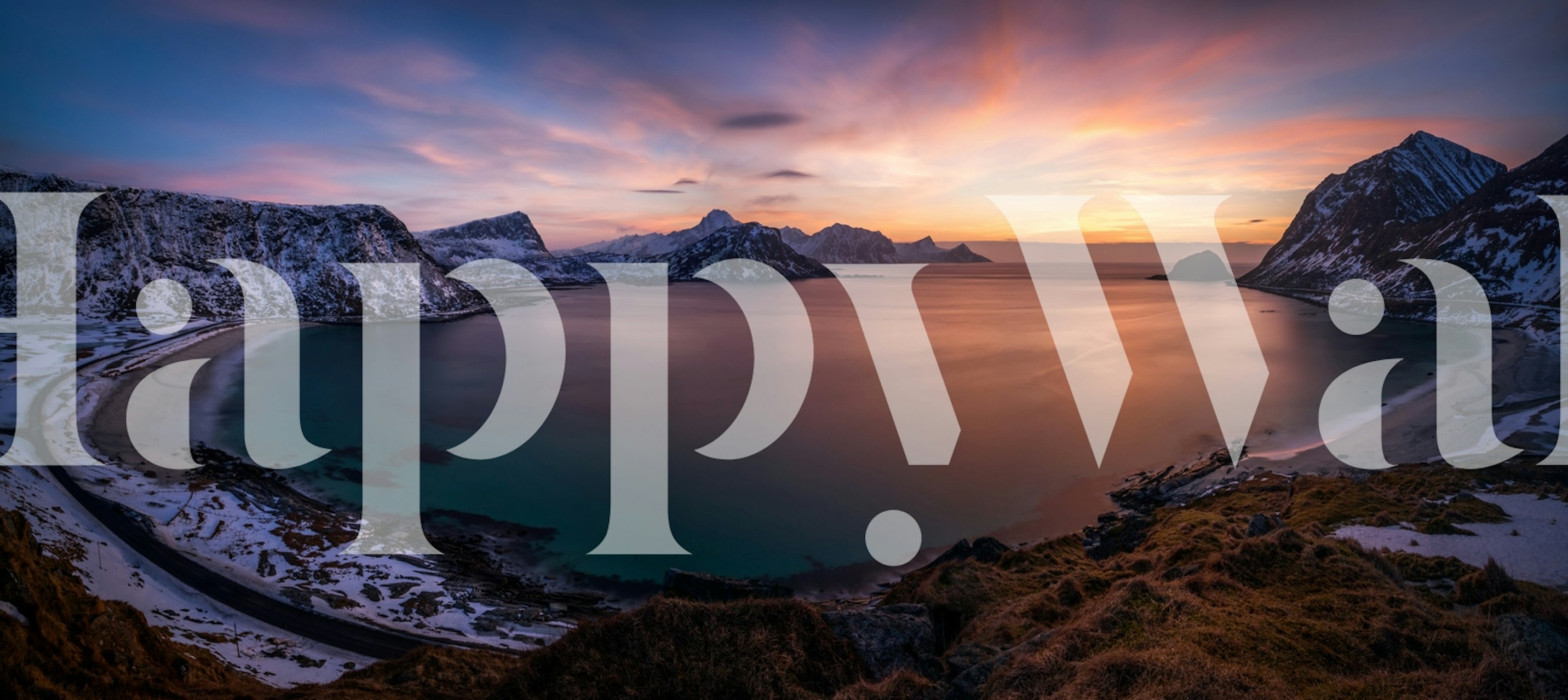 Scenic beach with sunset, mountains and water, nature wallpaper