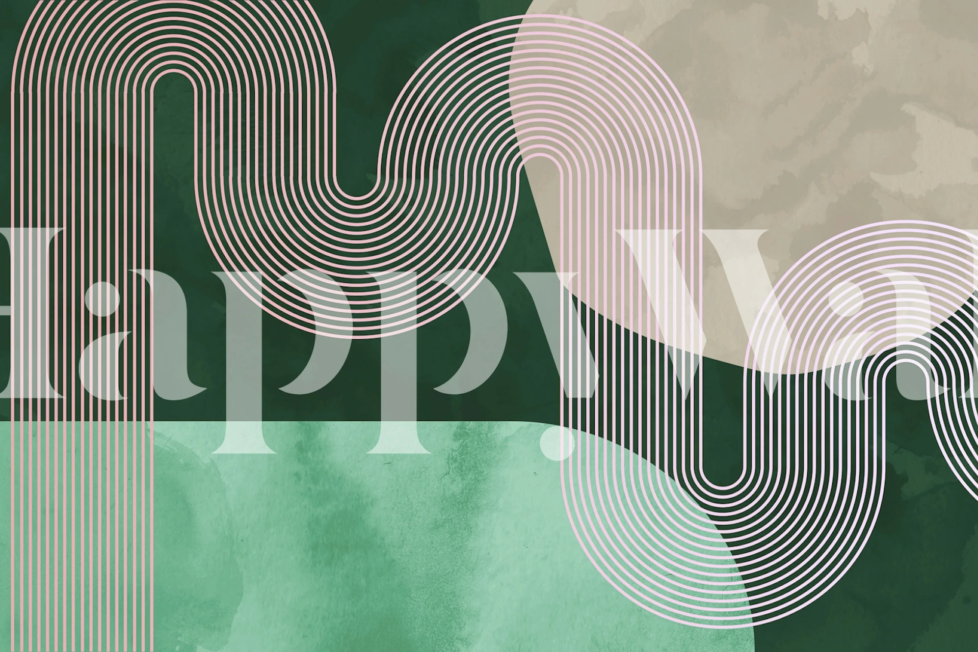 Vuosisadan puolivälin moderni seinämaalaus kaarevilla viivoilla pastellin ja maanläheisissä sävyissä