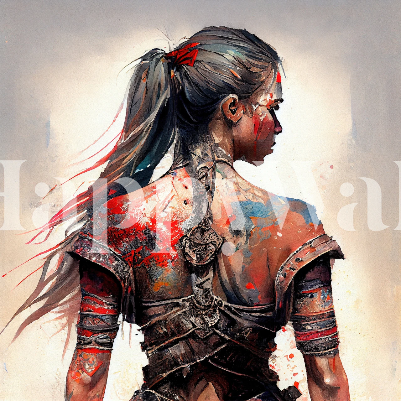 Kraftvolle Kriegerin mit bunten Farben und Rüstung Wandtapete