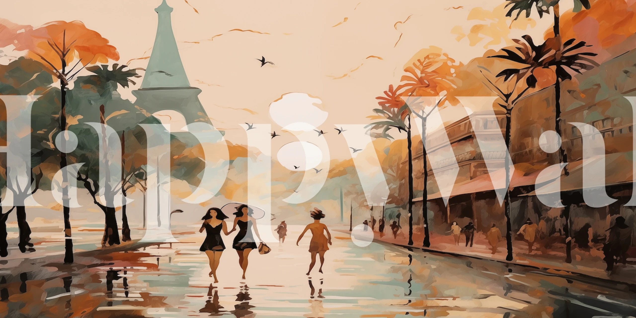 Paris street scene with women walking, orange trees, beige tones, impressionist style wallpaper