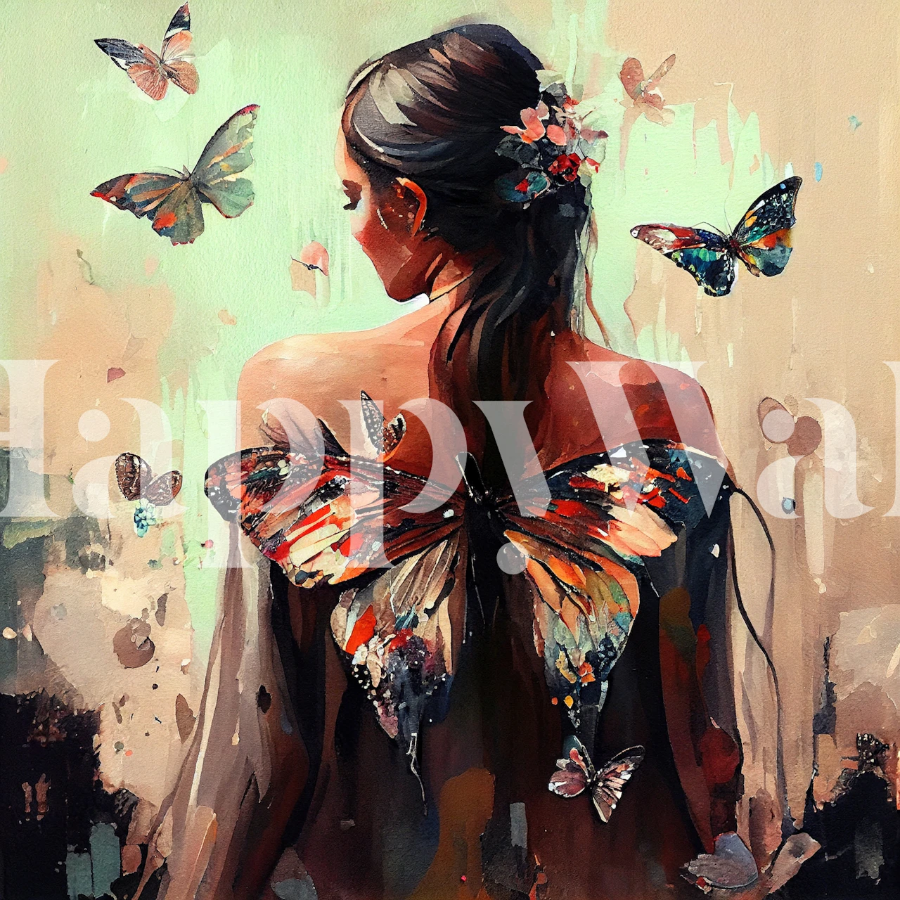 Colorful butterfly wall mural featuring a woman and butterflies