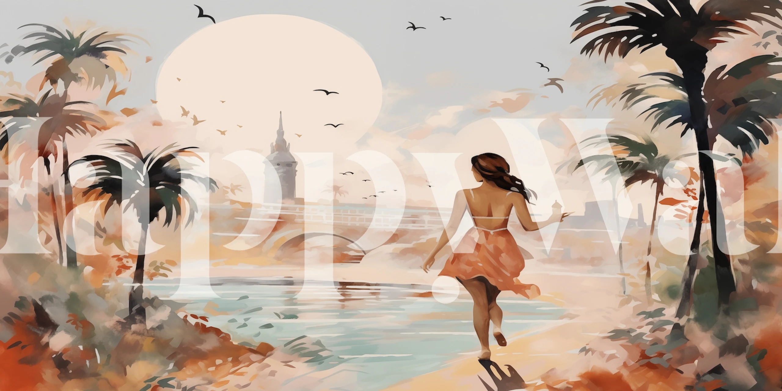 Overview of Summer City Impressionism wallpaper showing warm colors and a serene river scene