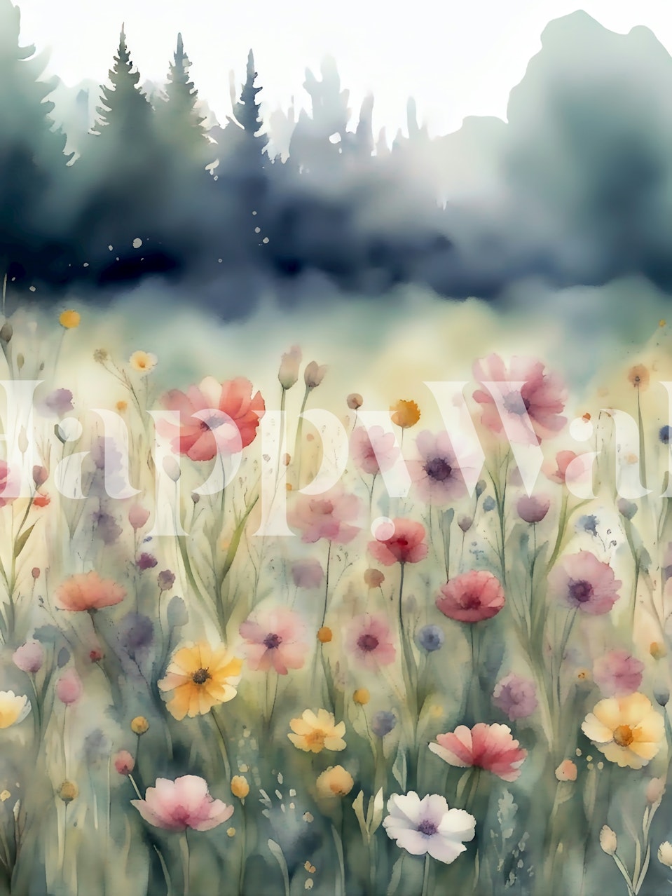 Floral meadow with pink and yellow wildflowers fading into green background wallpaper