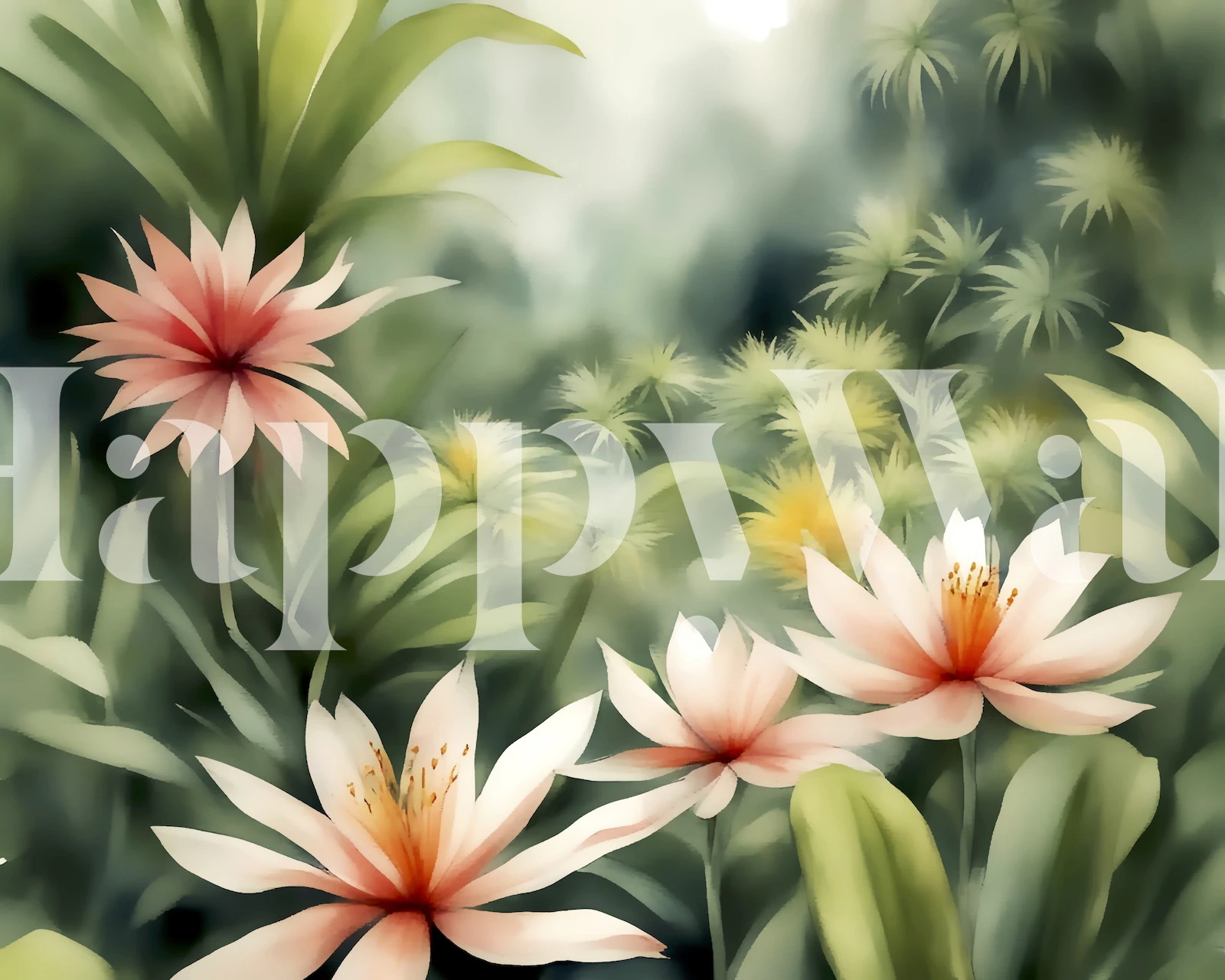 Moody Tropical Flower Dream wall mural with soft-focus foliage and blooming flowers