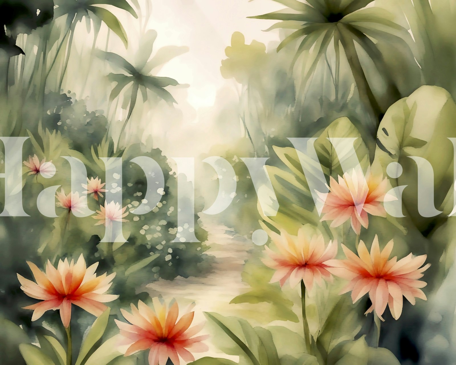 Tropical leaves and pink flowers in a soft, moody watercolor wallpaper