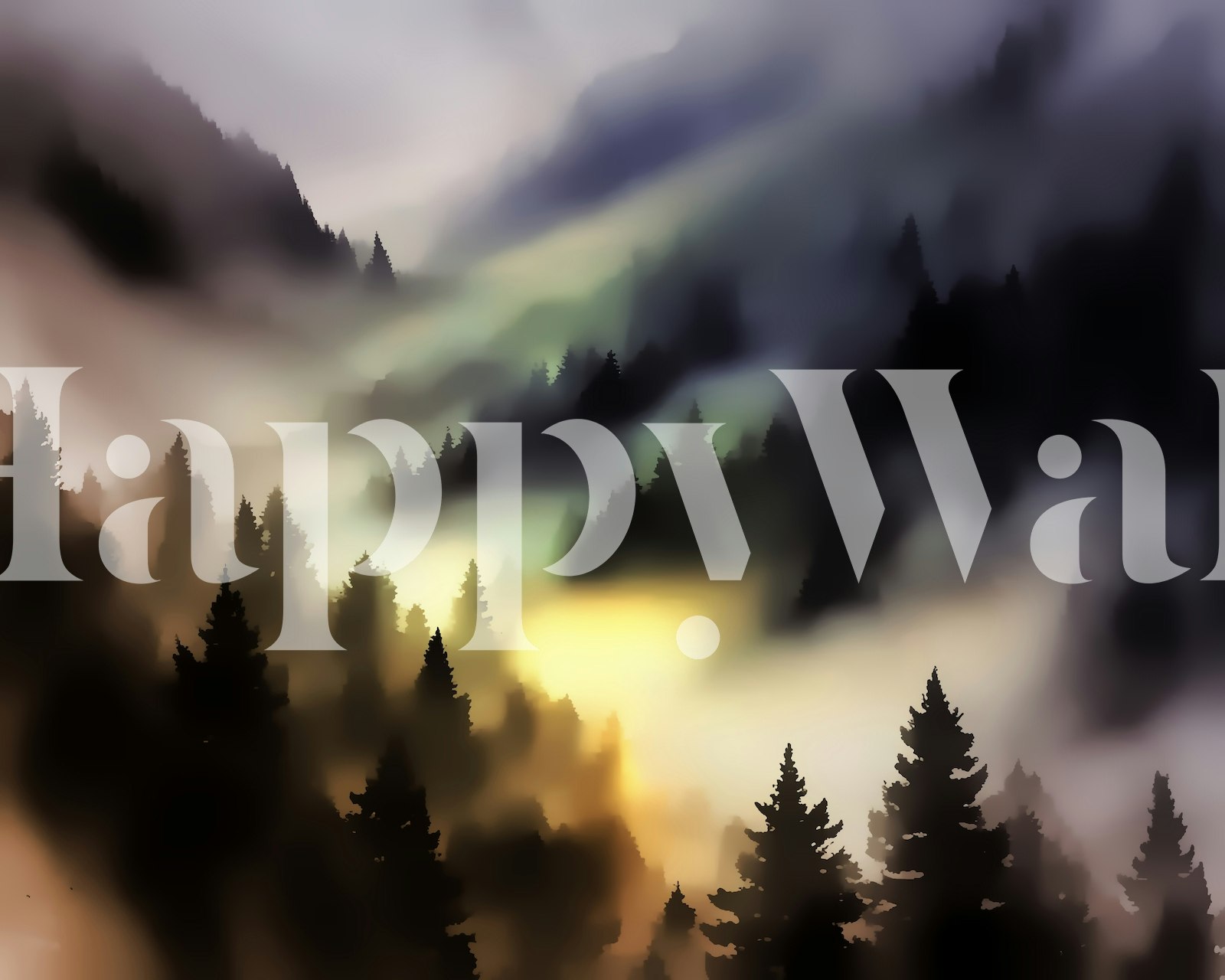 Misty forest with dark trees and soft gradient colors wallpaper