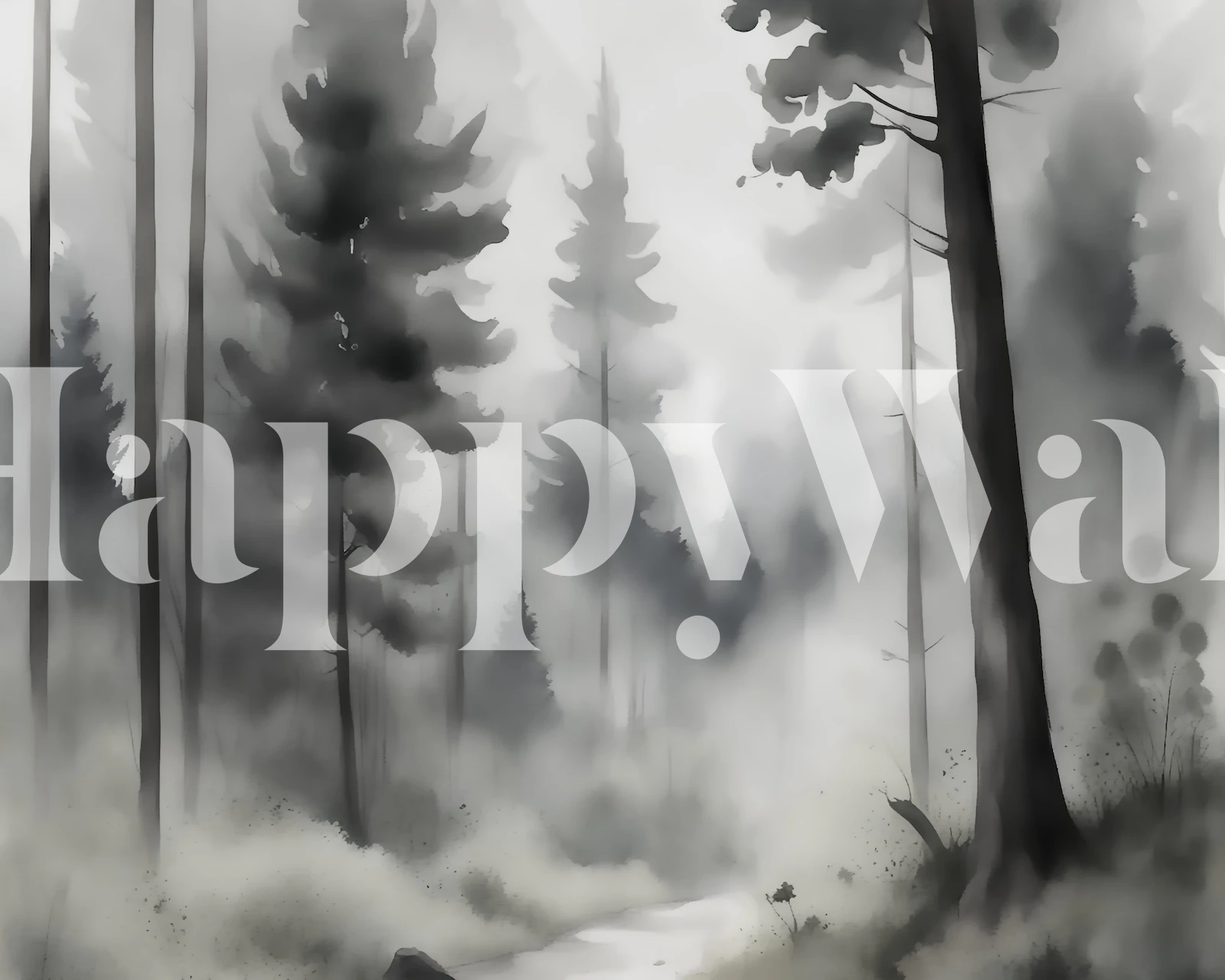 Black and white wall mural depicting a misty forest with tall trees and fog