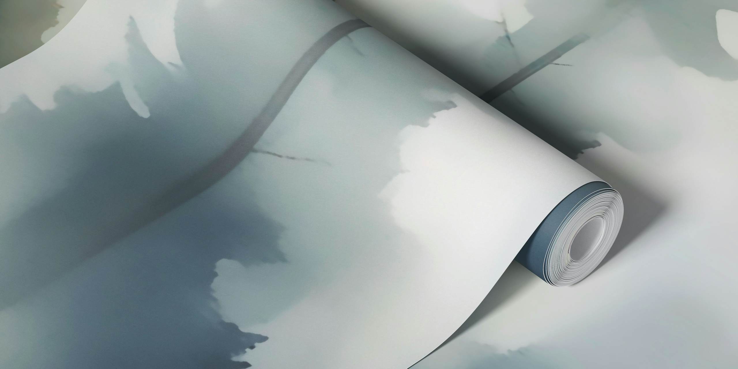 Misty forest path with trees and soft green tones wallpaper