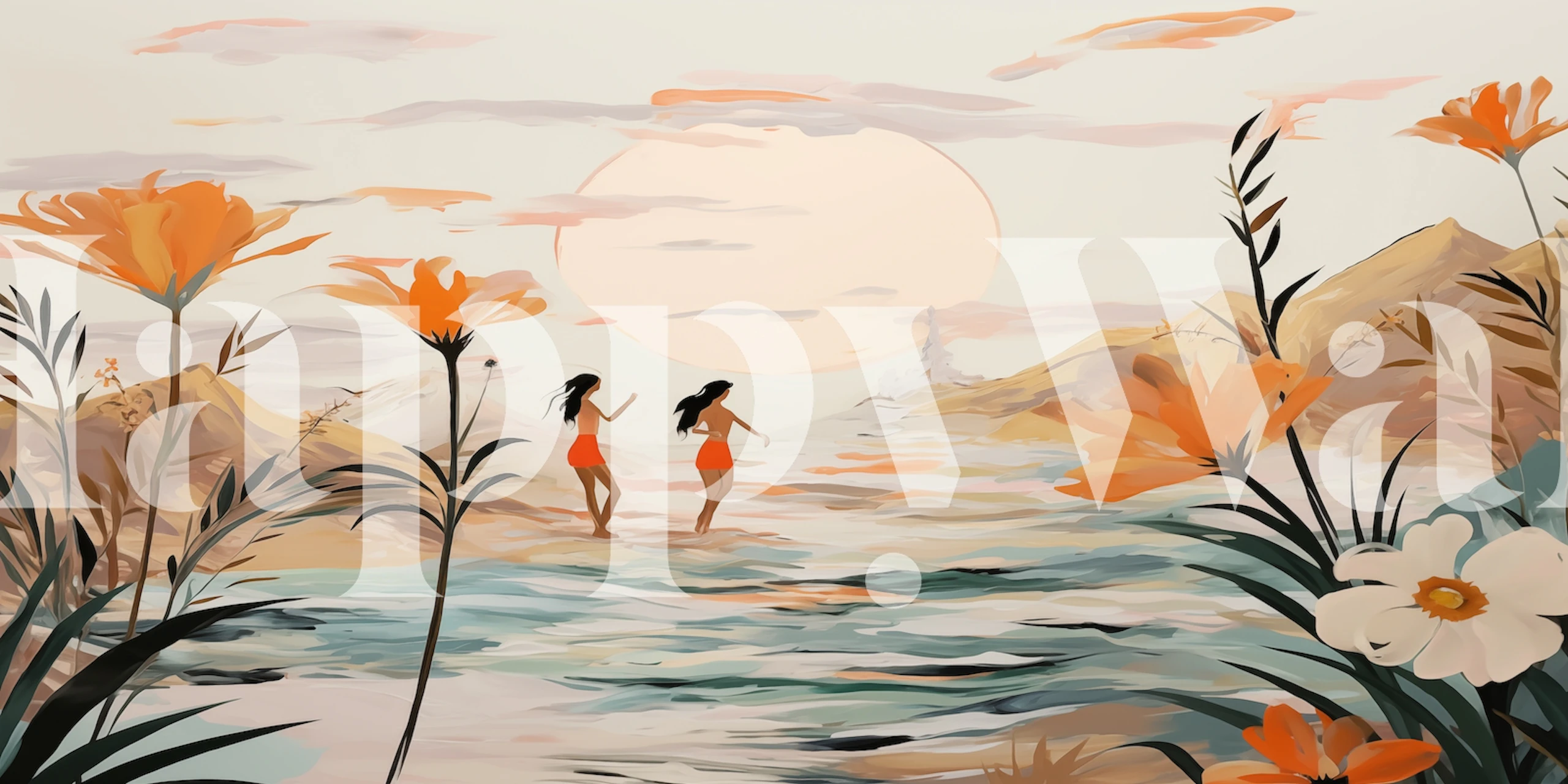 Two girls walking by the beach with flowers, pastel colors, impressionist style wallpaper
