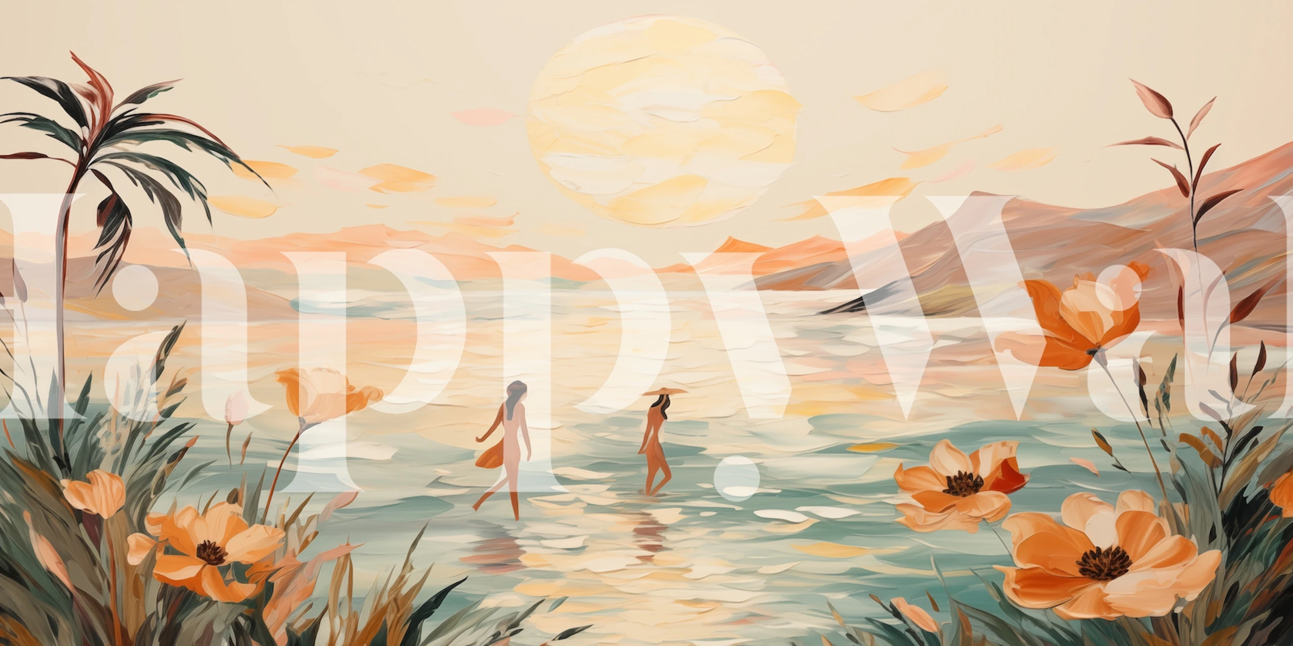 Veggmaleri i impresjonistisk stil av to figurer på en strand ved solnedgang med palmer og blomster