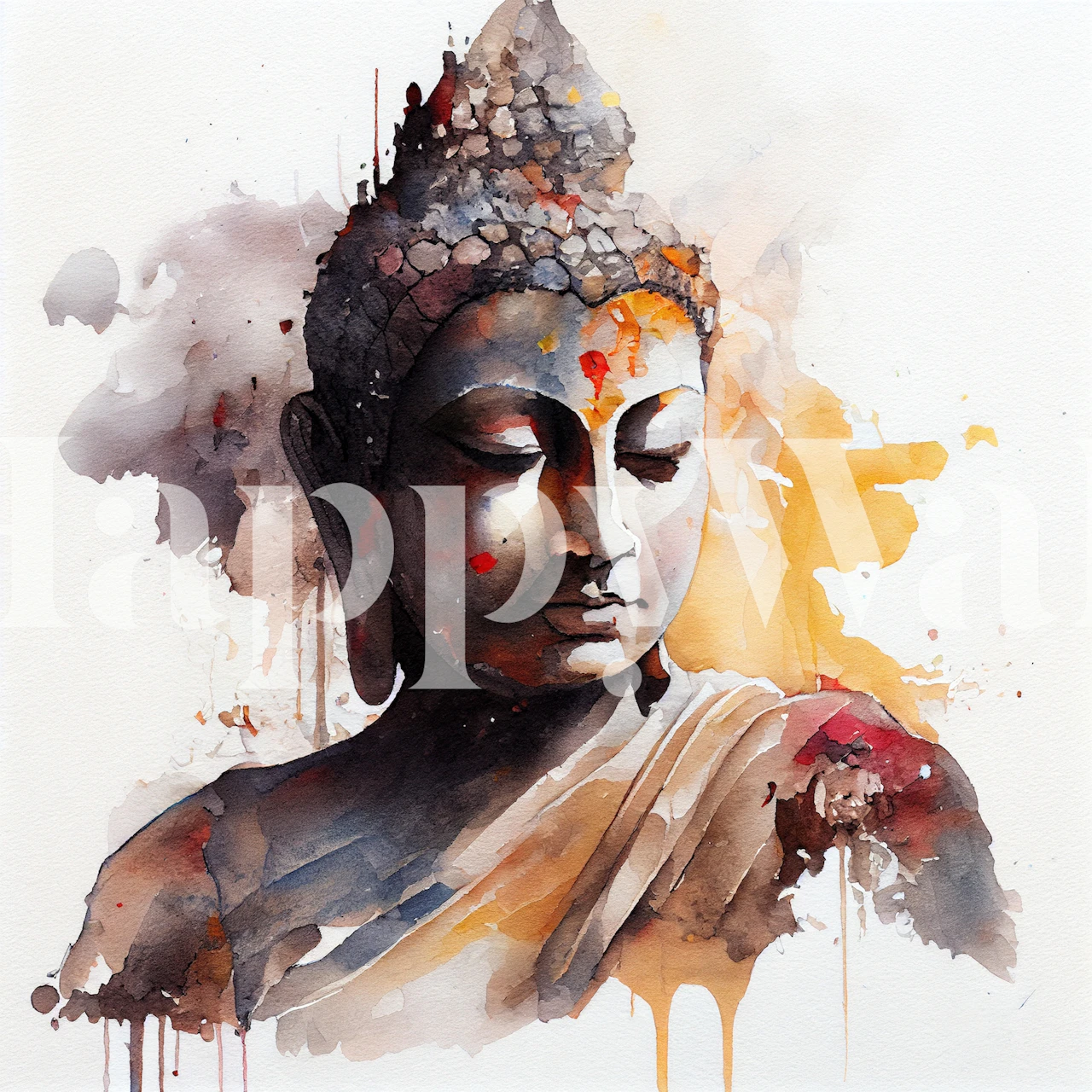 Watercolor Buddha painting with golden and gray tones wall mural.