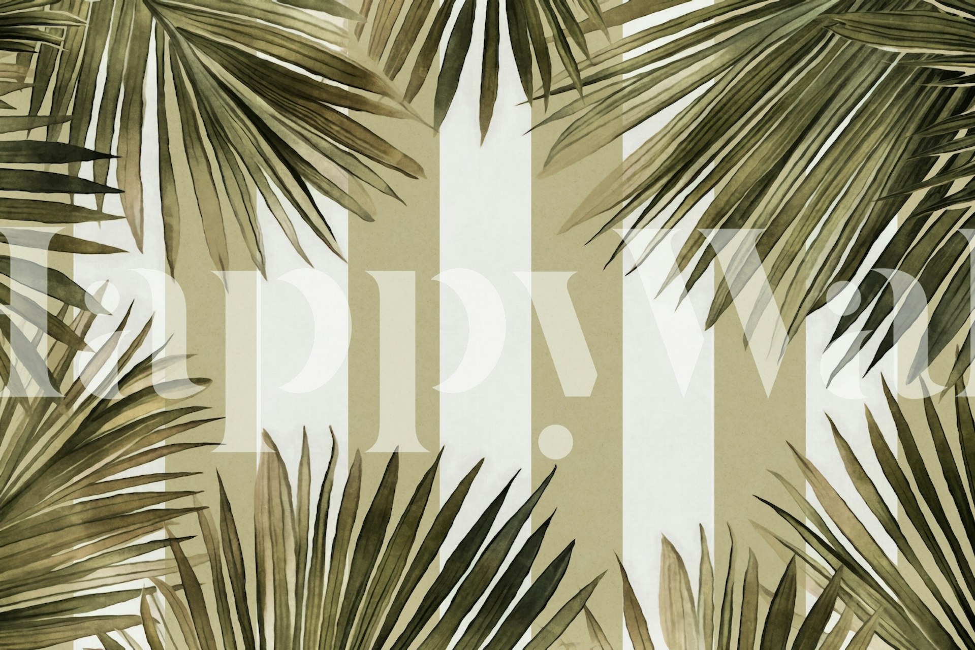 Olive green striped wallpaper with tropical palm leaves