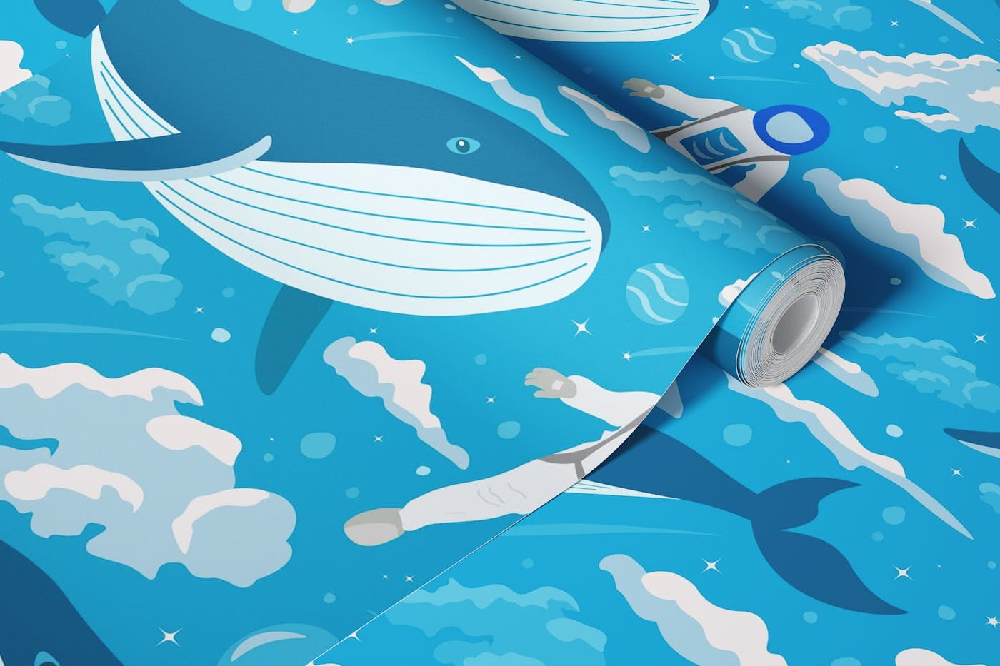 Blue Whale and Astronaut in the Clouds wallpaper roll