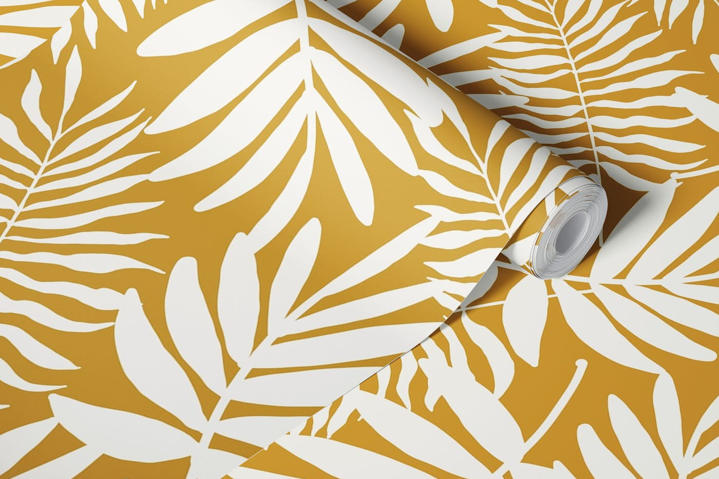 White palm leaves on mustard (big size) wallpaper roll