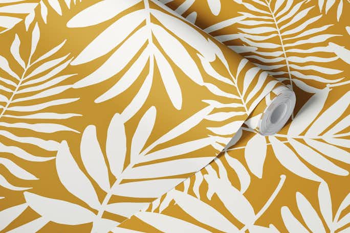 White palm leaves on mustard (big size)wallpaper roll
