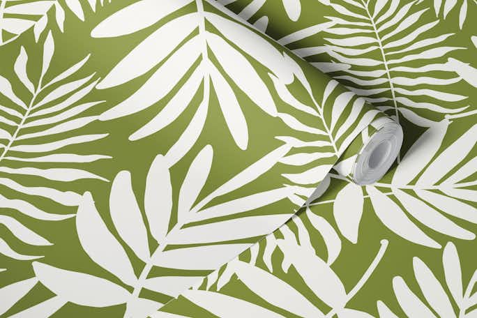 white palm leaves on greenwallpaper roll