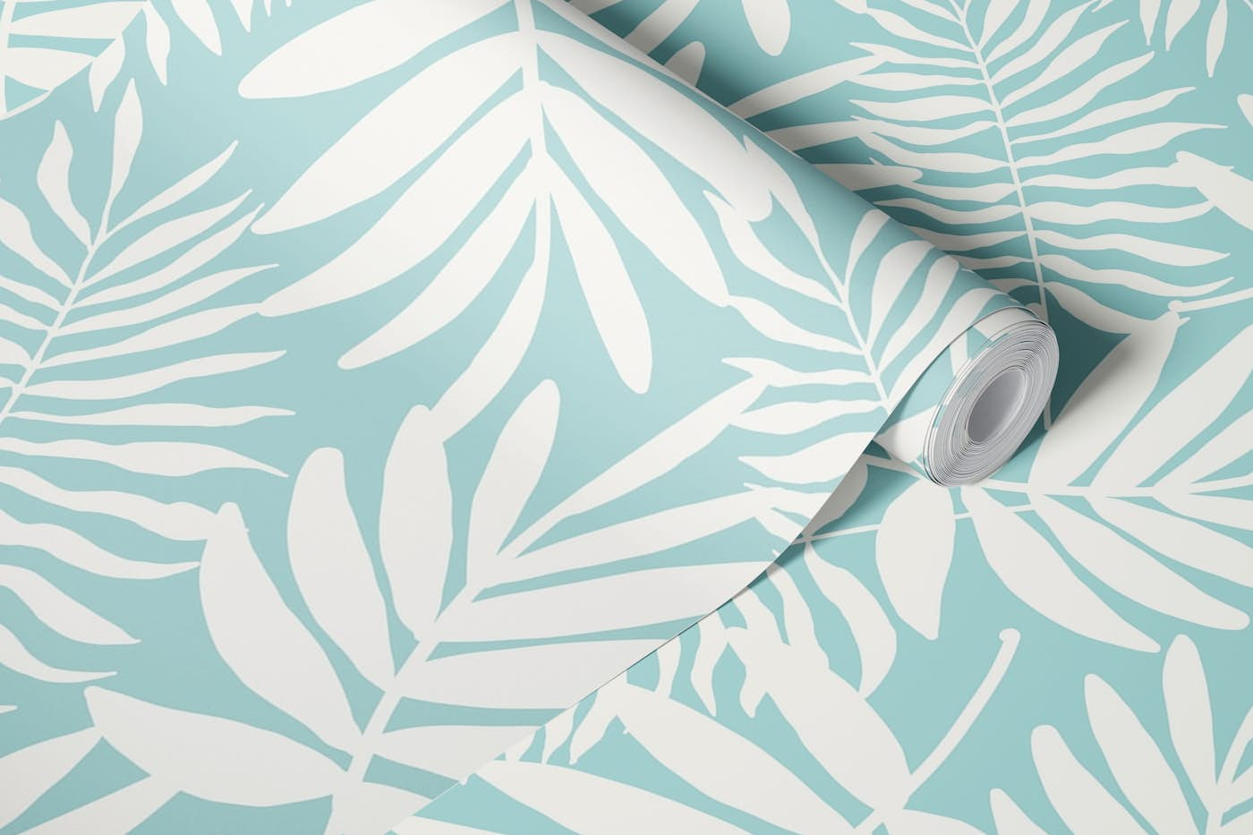 white palm leaves on baby blue wallpaper roll