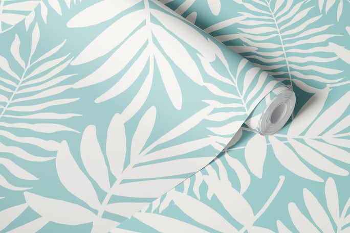 white palm leaves on baby bluewallpaper roll