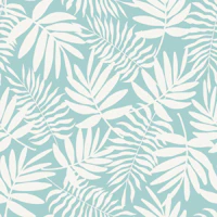 white palm leaves on baby blue wallpaper