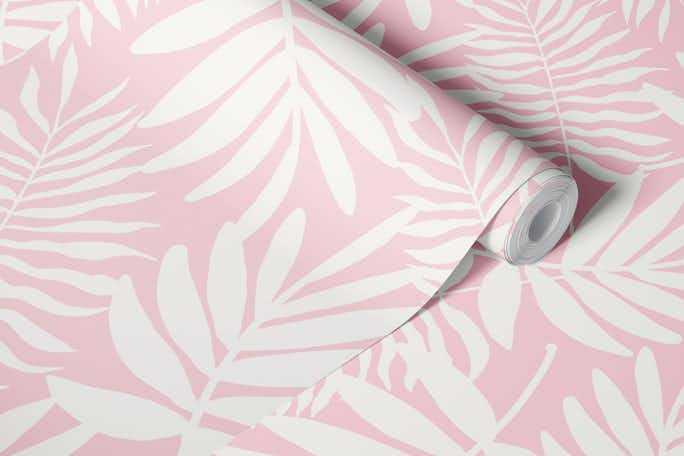 white palm leaves on rose pastelwallpaper roll