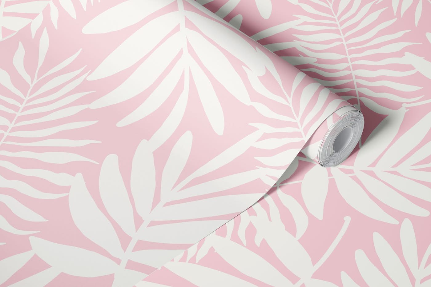 white palm leaves on rose pastel wallpaper roll