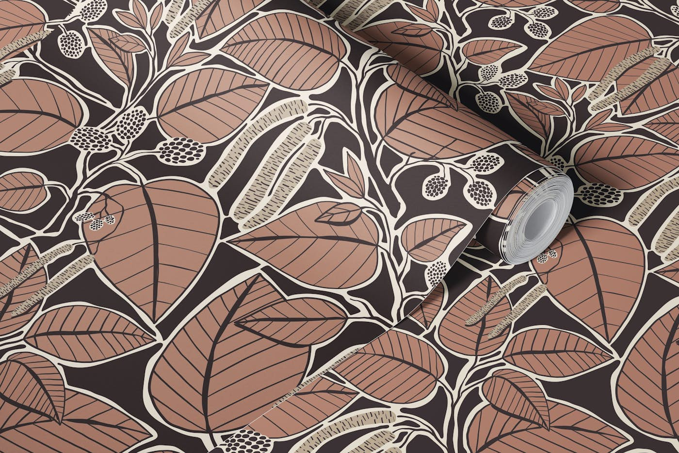 Rustic alder leaves rosewood wallpaper roll