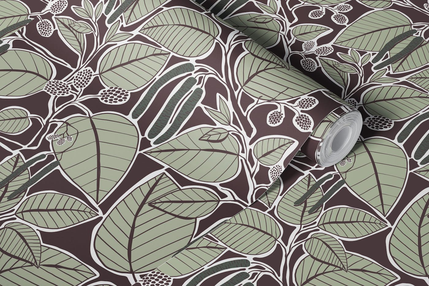 Rustic alder leaves sage green wallpaper roll