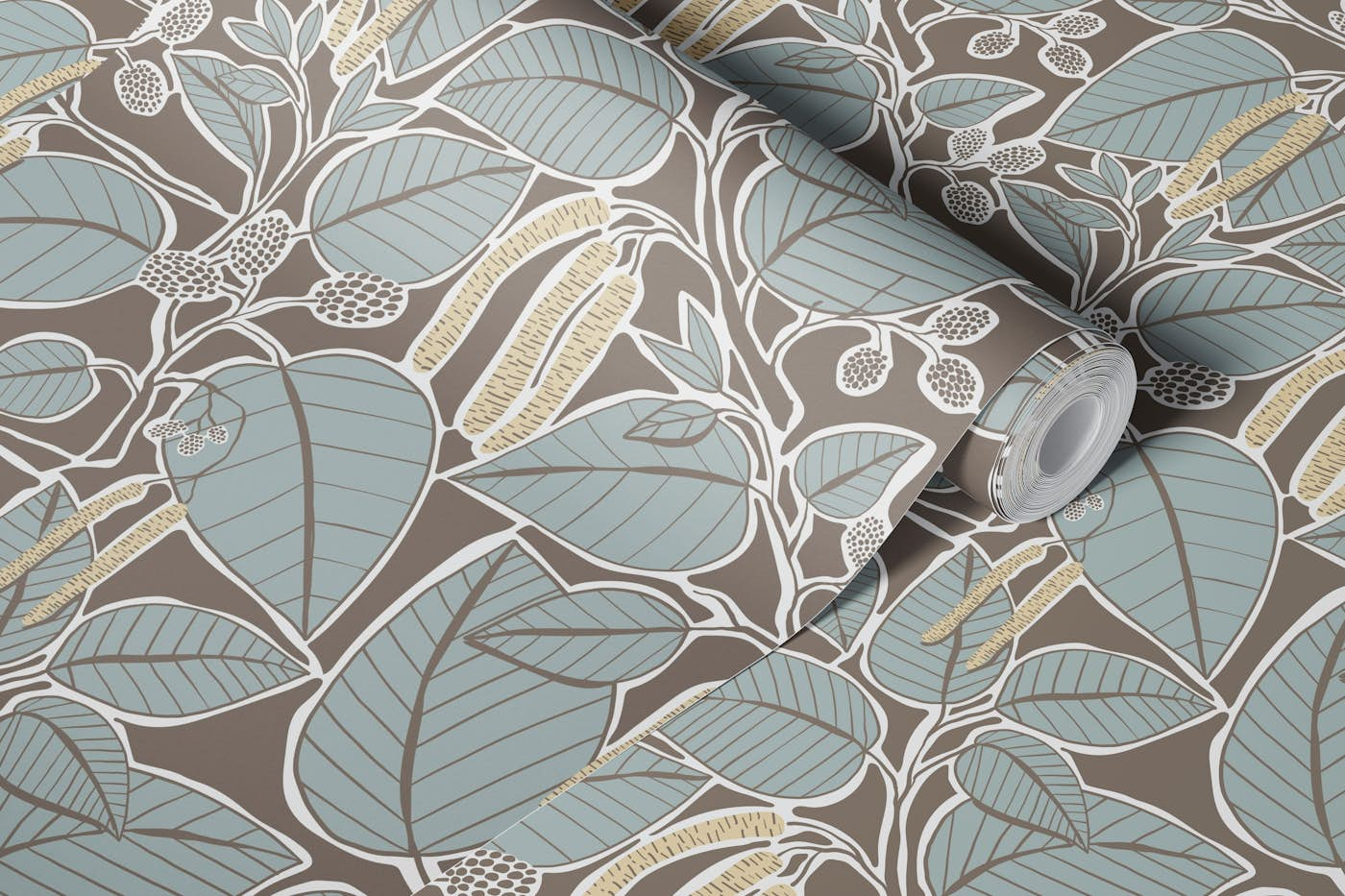 Rustic alder leaves smoky blue wallpaper roll