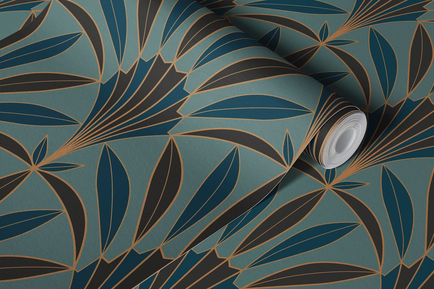 Art Deco palm leaves fan teal wallpaper roll