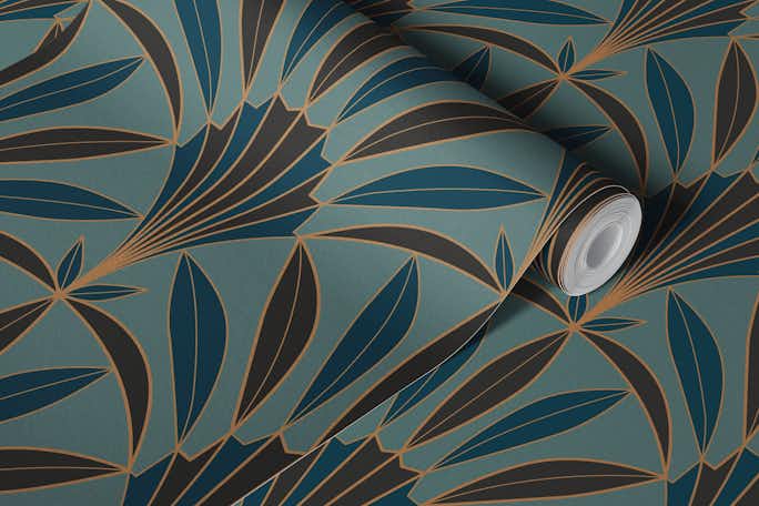 Art Deco palm leaves fan tealwallpaper roll