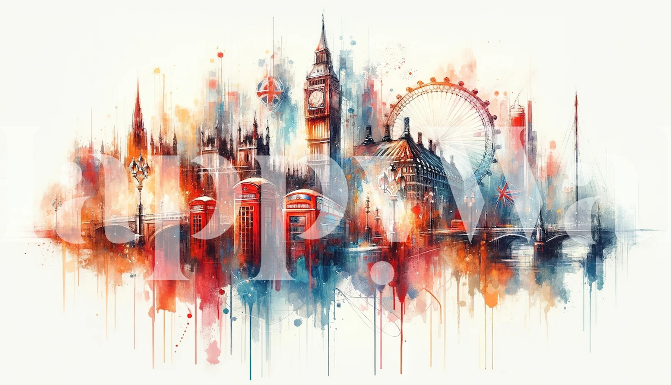 Watercolor London skyline featuring landmarks in vibrant colors wallpaper