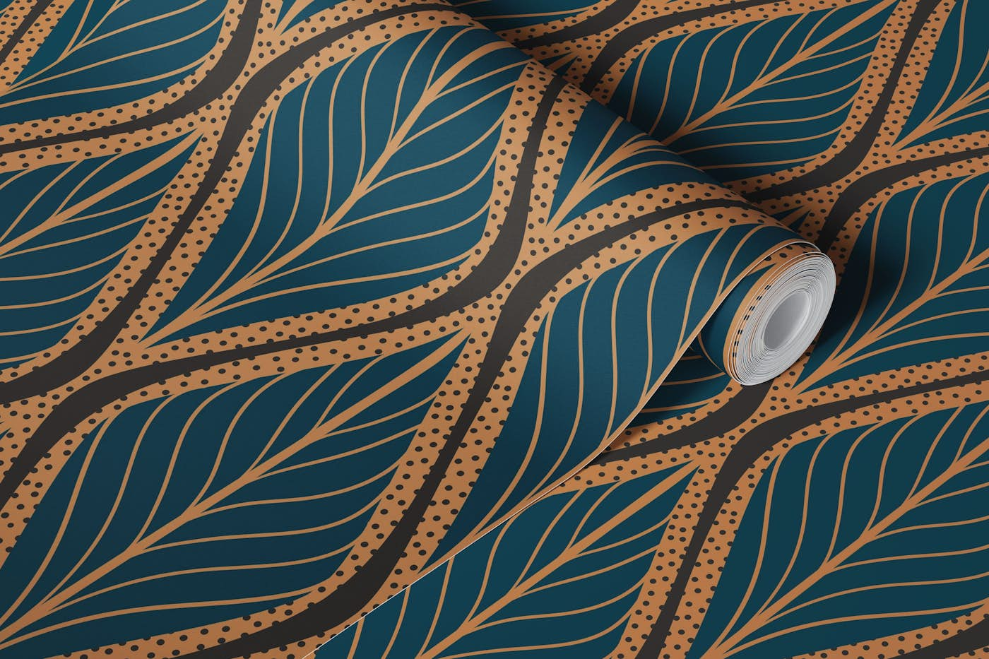 Abstract Art deco leaves teal wallpaper roll