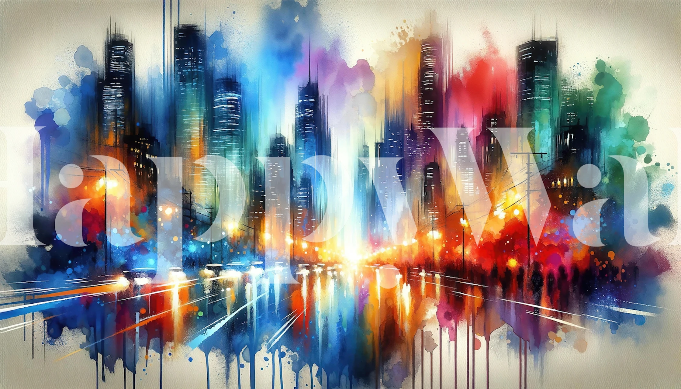 Fargerikt abstrakt akvarellmaleri av en byhorisont om natten reflektert på vann.