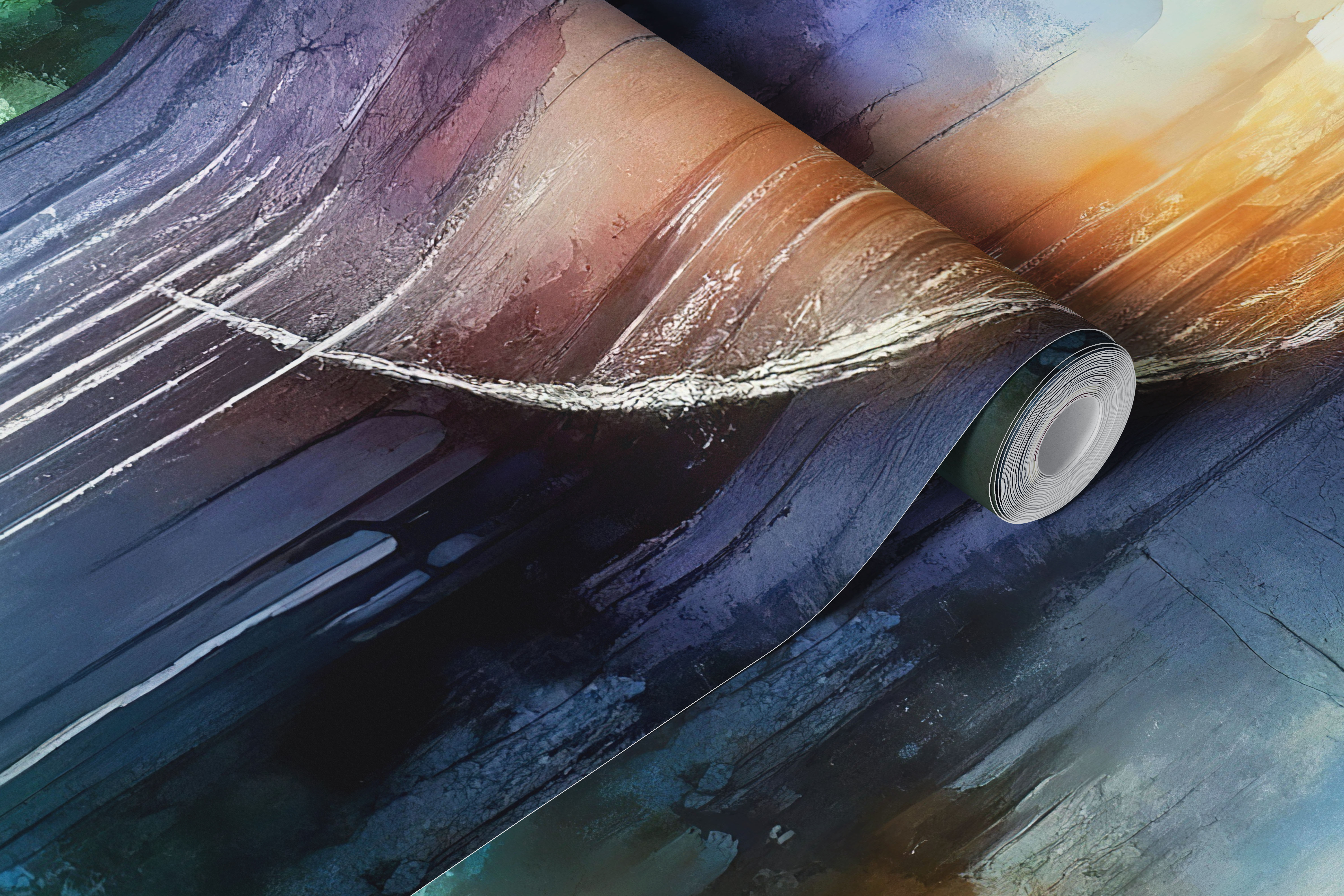 Watercolor design van een bos met maanlicht, blauw, groen, en gouden tinten, abstracte stijl wallpaper