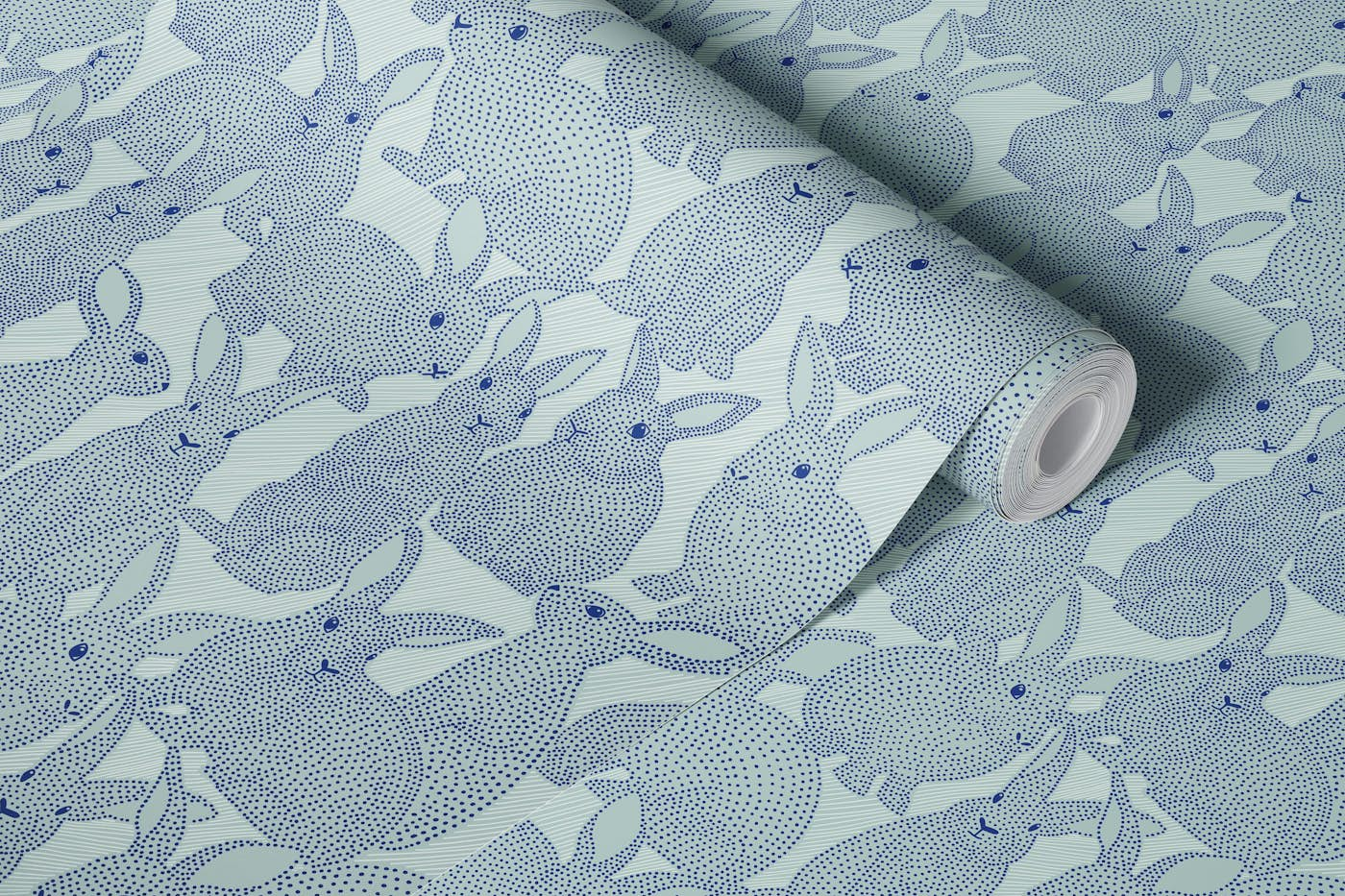 dotted rabbits blue wallpaper roll