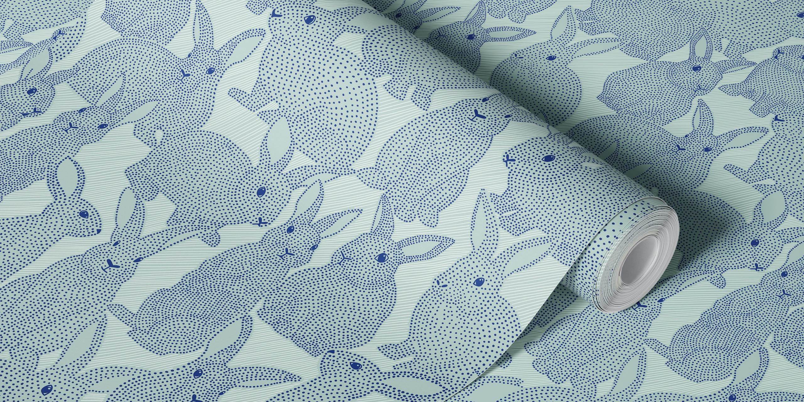 Dotted rabbits blue wallpaper in a room