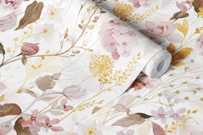 Luxurious pink roses and wildflowerswallpaper roll