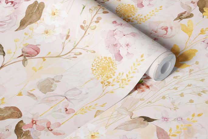 Cute pink roses and wildflowerswallpaper roll
