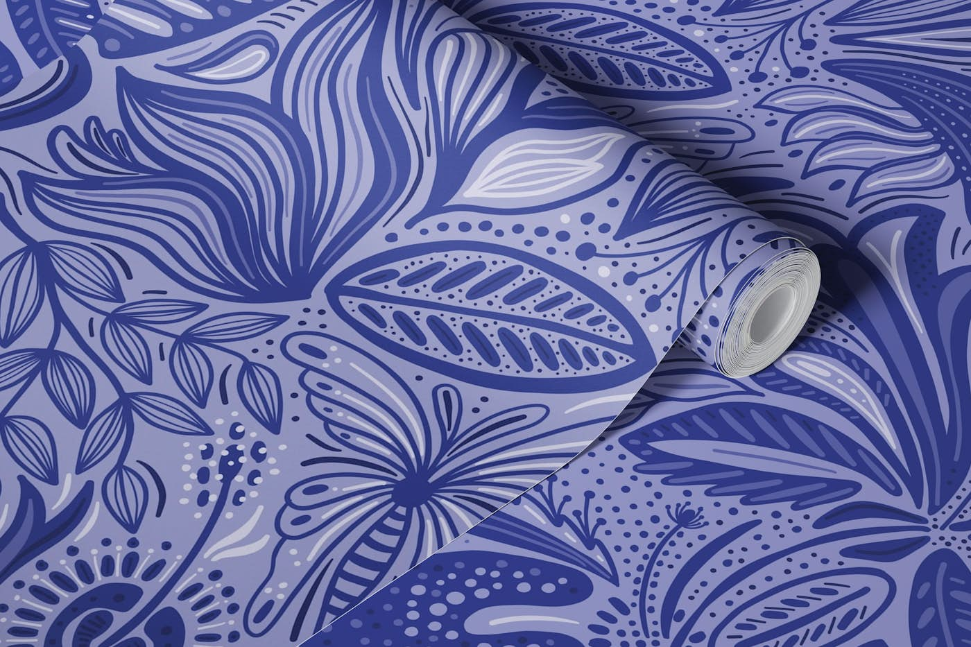 Hand drawn tropical doodle cobald blue wallpaper roll