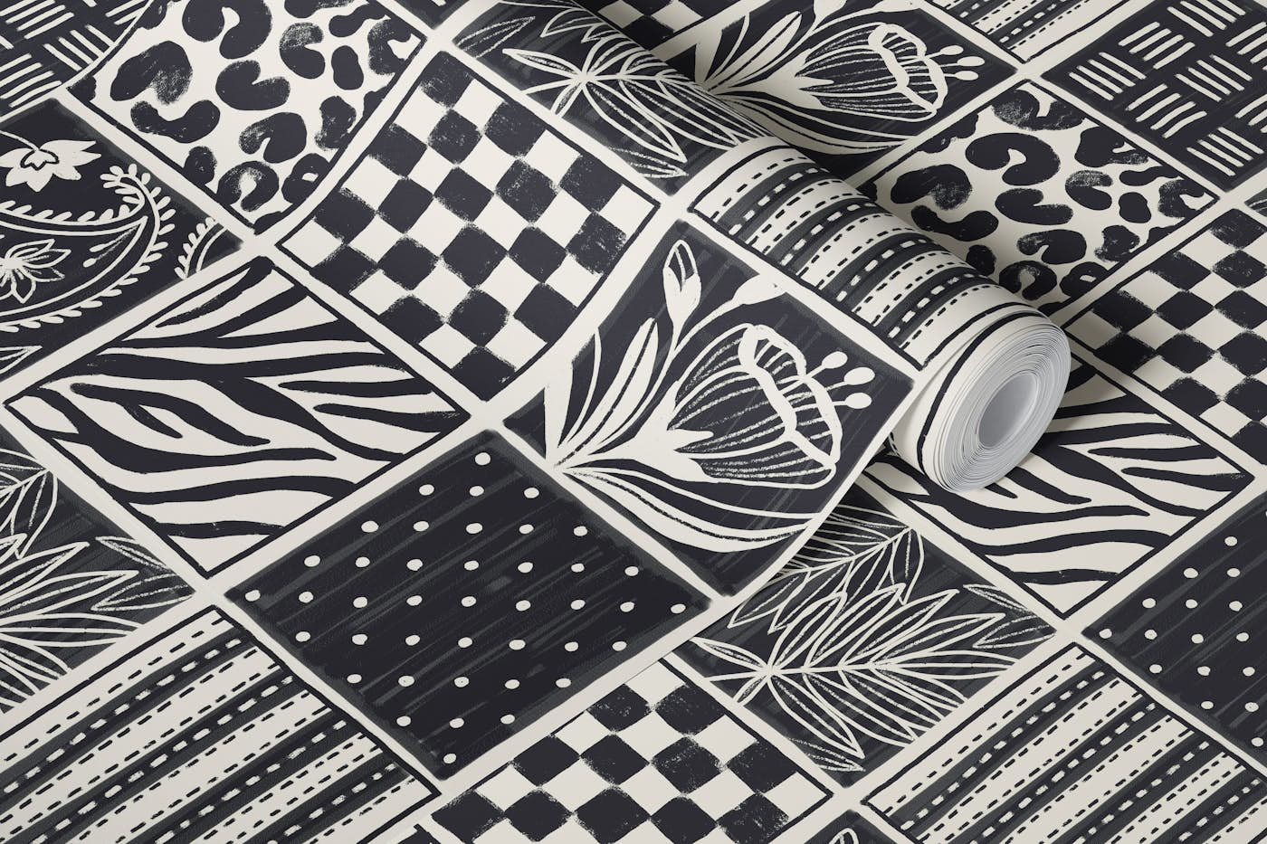 Hand painted pattern sketch black and white wallpaper roll