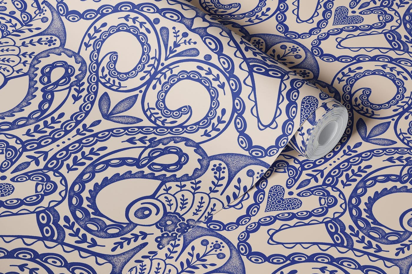 Folk octopus damask ink blue wallpaper roll