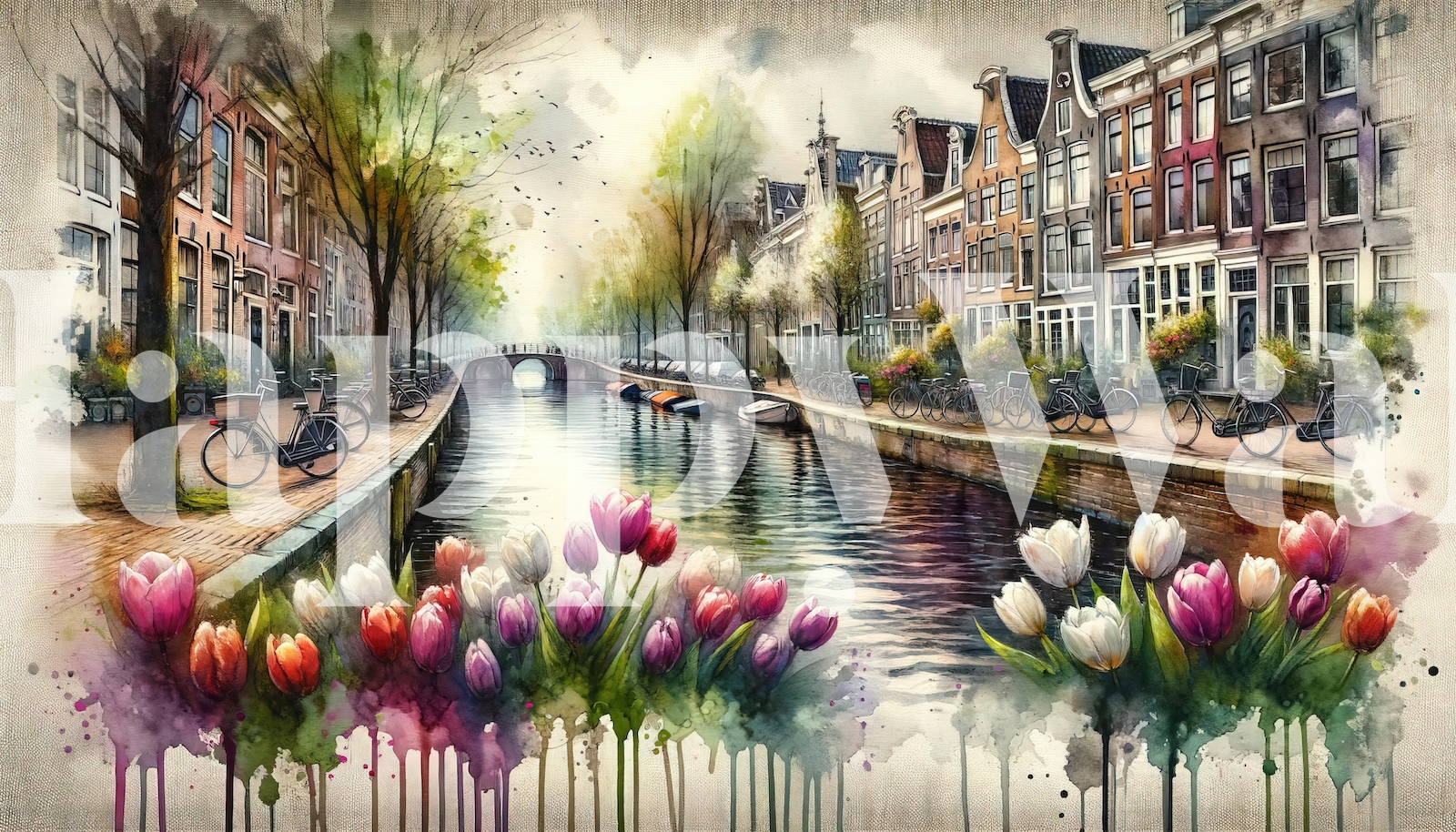 Watercolor Canal Scene Dutch Houses wallpaper - Free shipping | Happywall