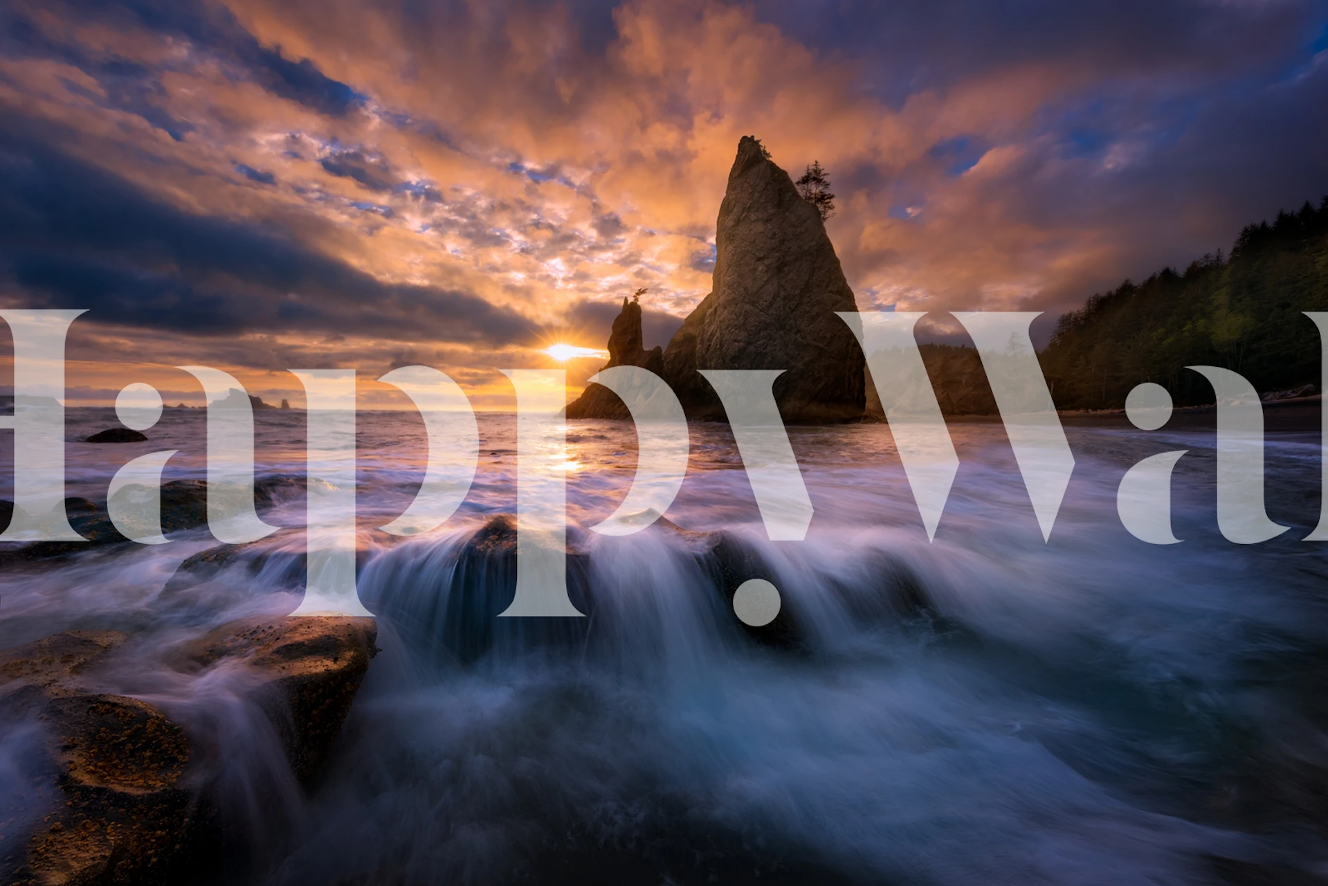 Fototapete Meereslandschaft bei Sonnenaufgang mit Felsformationen und fließendem Wasser