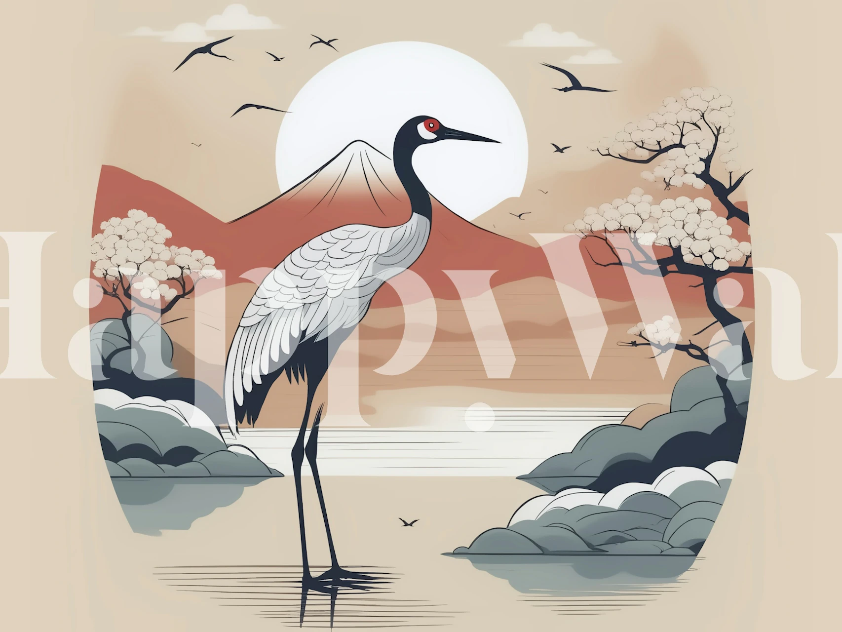 Japanese Art Deco Cranes wallpaper design