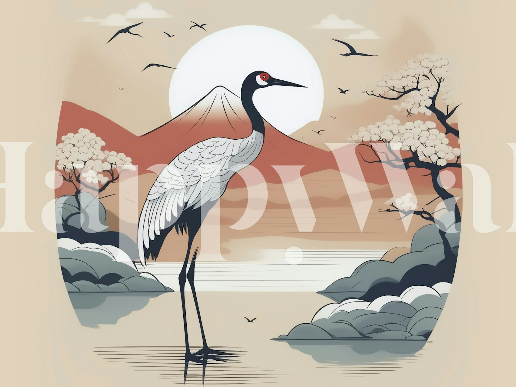 Japanese Art Deco Cranes wallpaper design