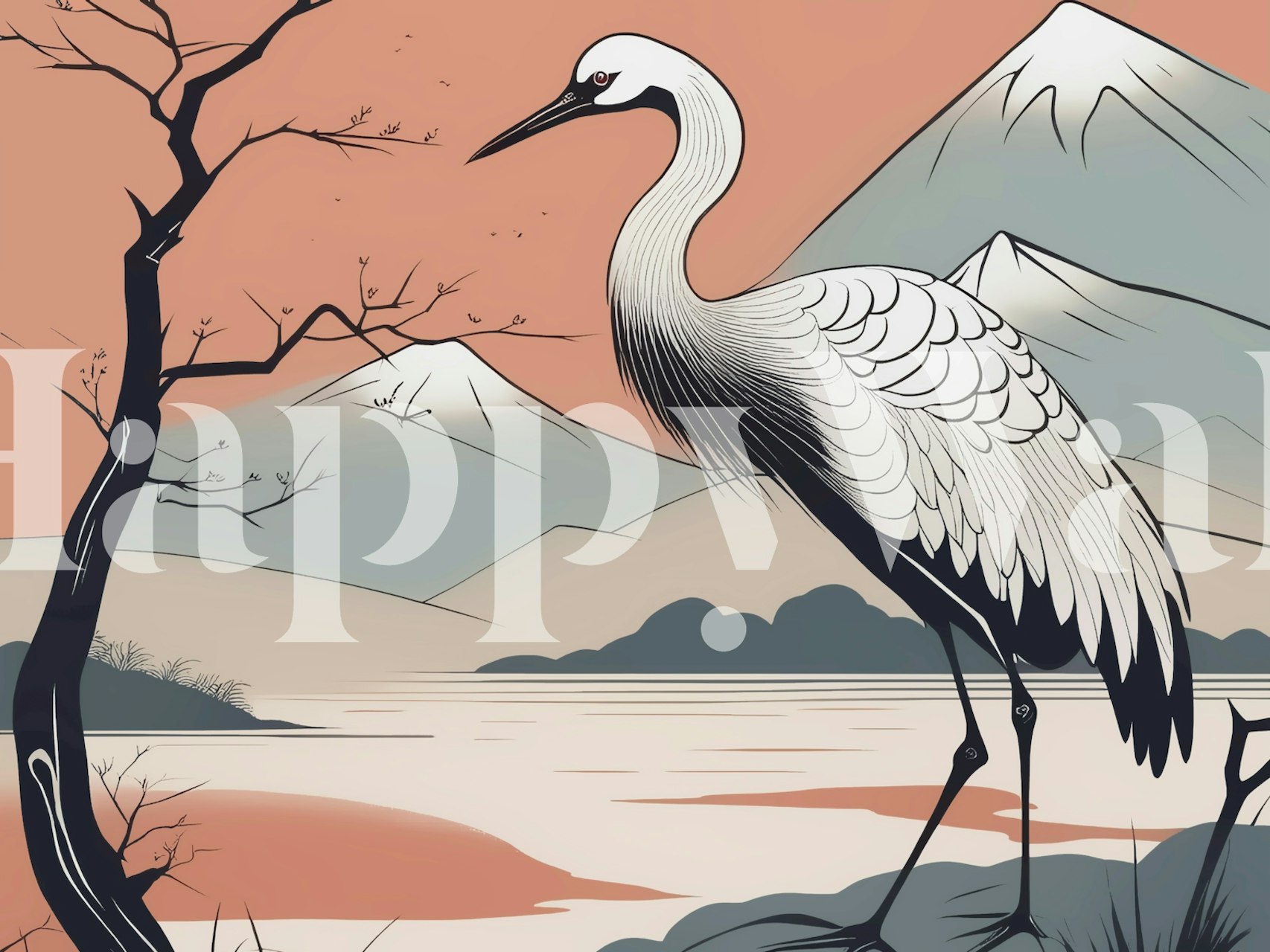 Art Deco crane illustration with mountains and trees in beige, gray, and white wallpaper