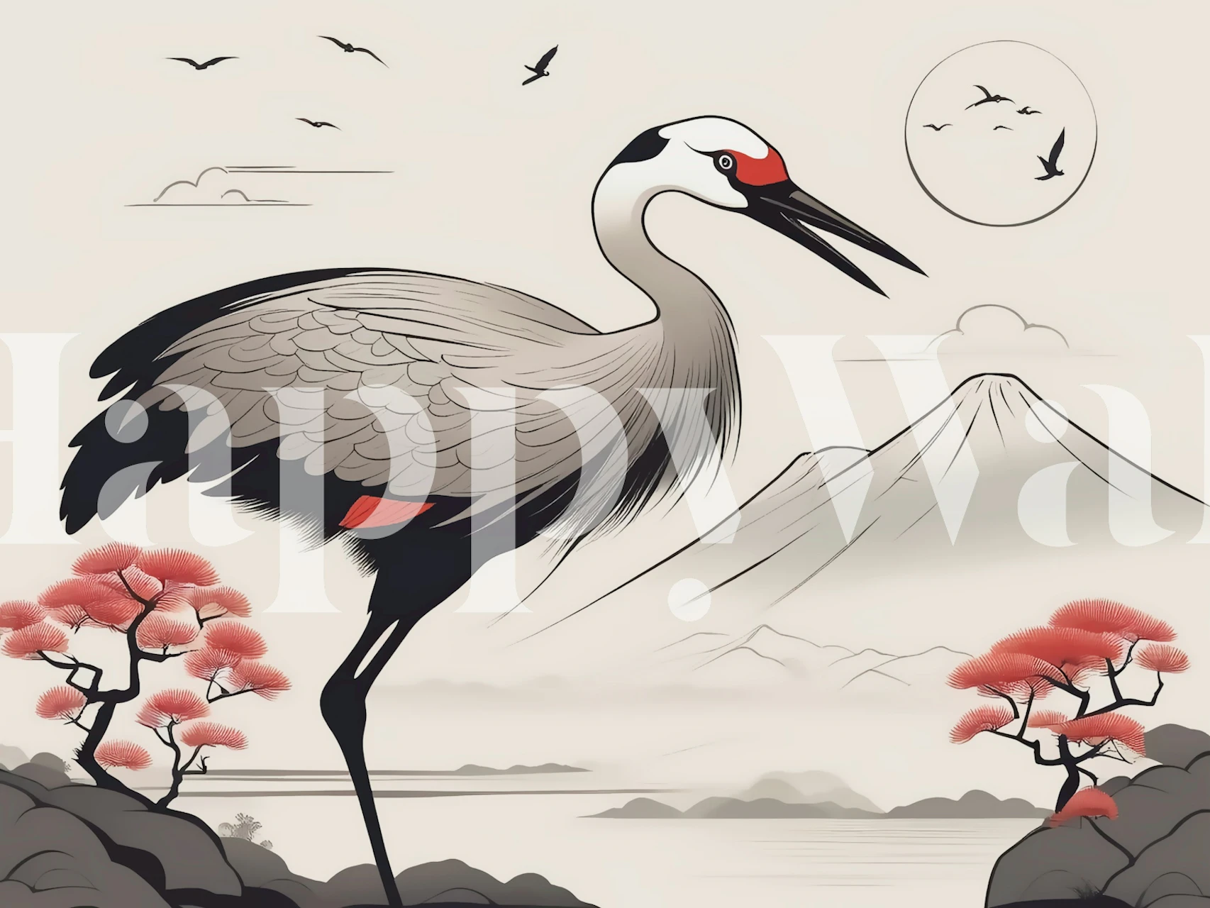 Japanese Art Deco Cranes wall mural with Mt. Fuji and cherry blossoms