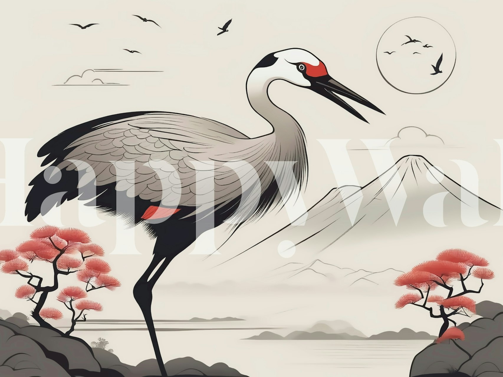 Mural japonés Art Déco de grúas con el monte Fuji y flores de cerezo