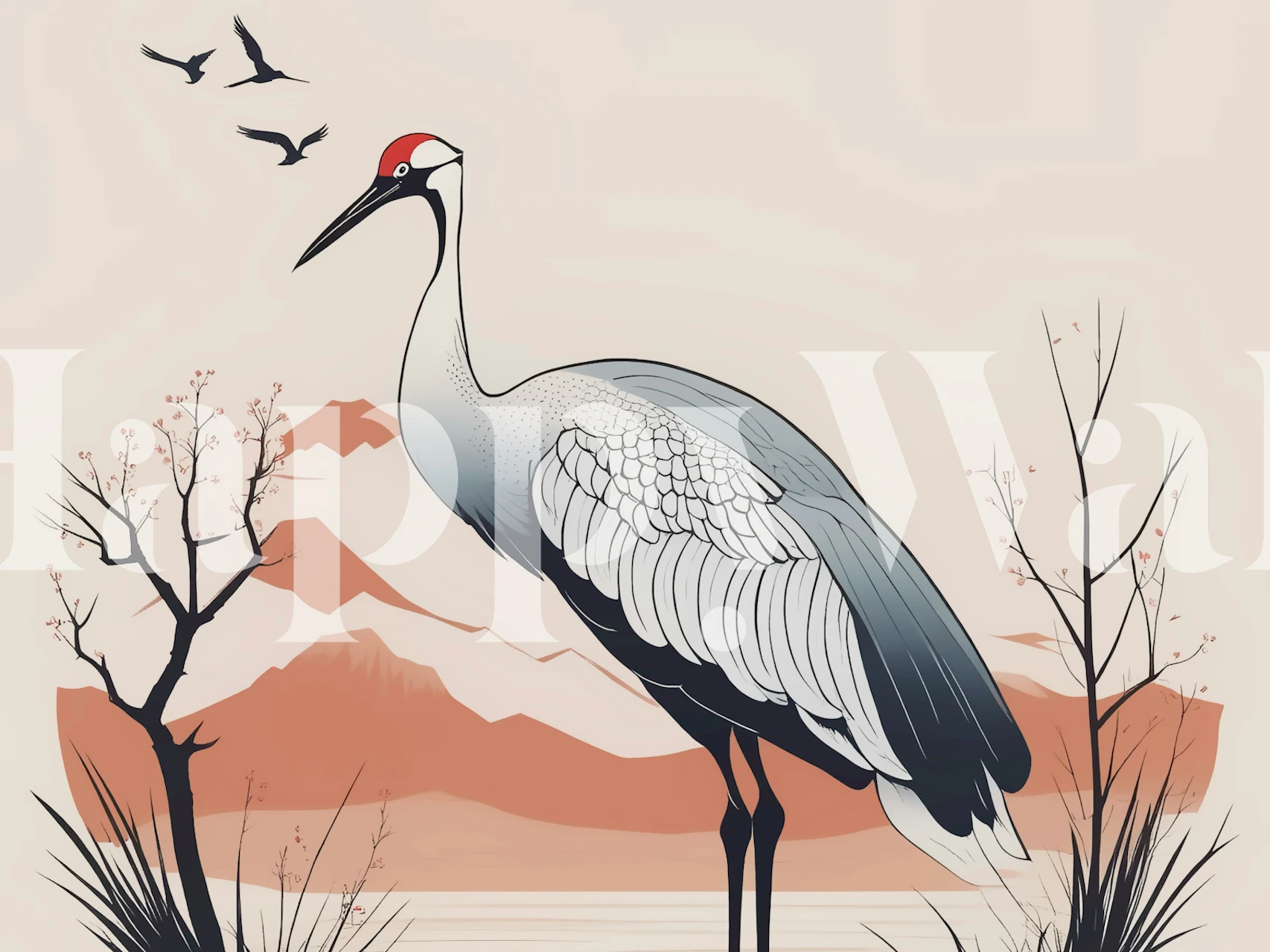 White cranes and mountain scenery with pink accents wallpaper
