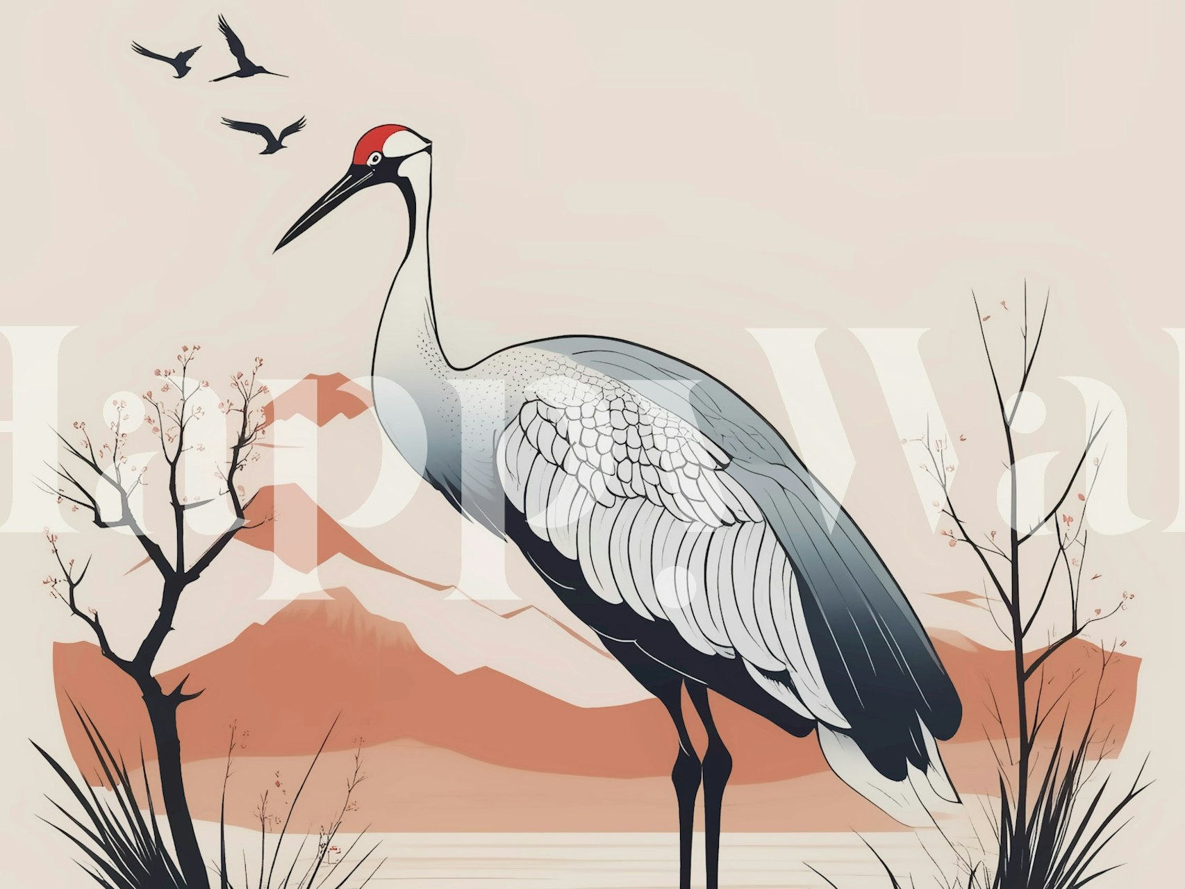 White cranes and mountain scenery with pink accents wallpaper